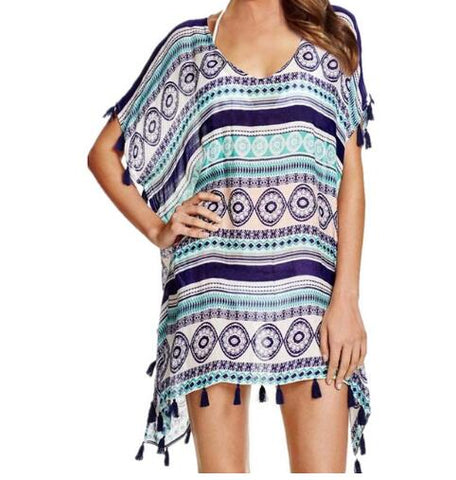 Tassel Print Chiffon Striped Beach Cover Up