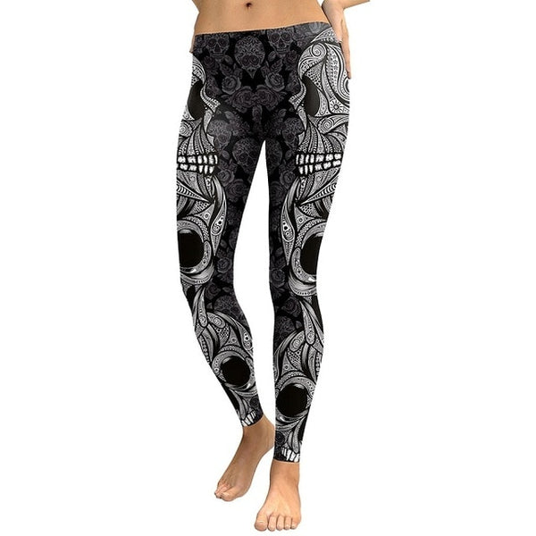 Skull Head Digital Print Rose Fitness Leggings